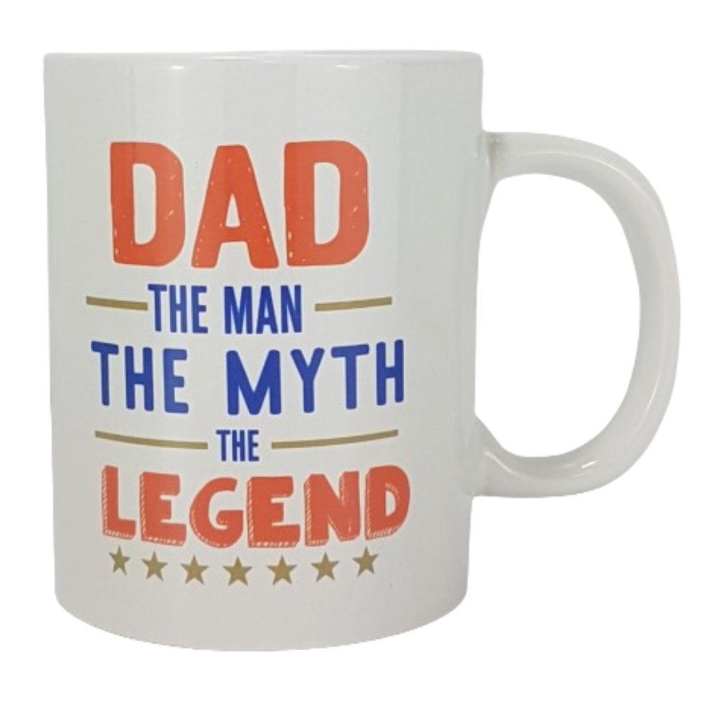 NWT Statement Mug "Dad the Myth the Legend" Quote White Blue Orange Gold Ceramic